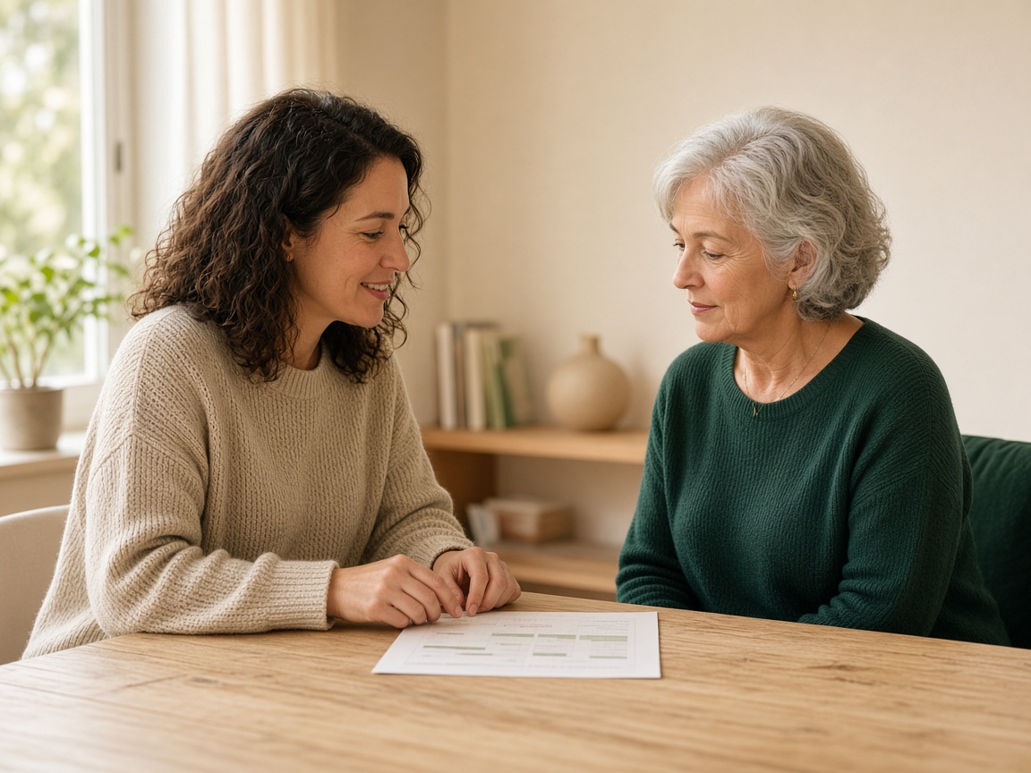 A Penny Shield advisor and a client reviewing a printed plan comparison side by side at a table